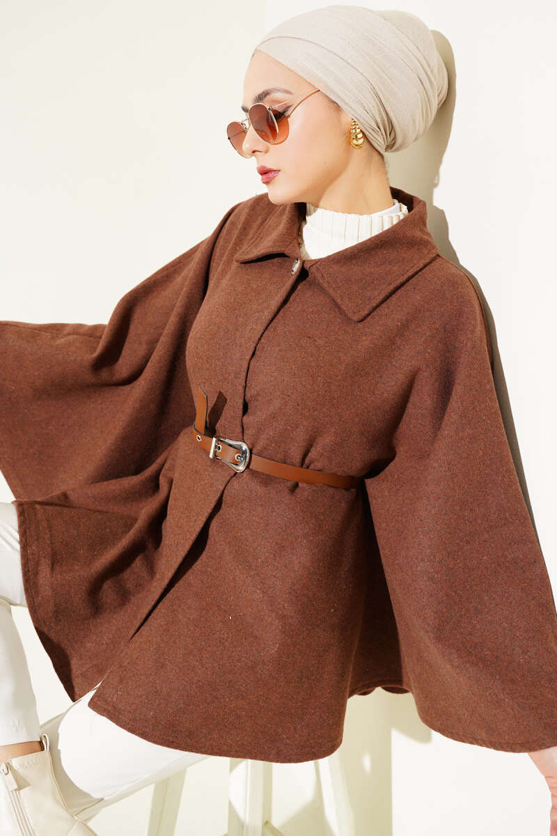 Belted Felt Poncho with Shirt Collar - Brown