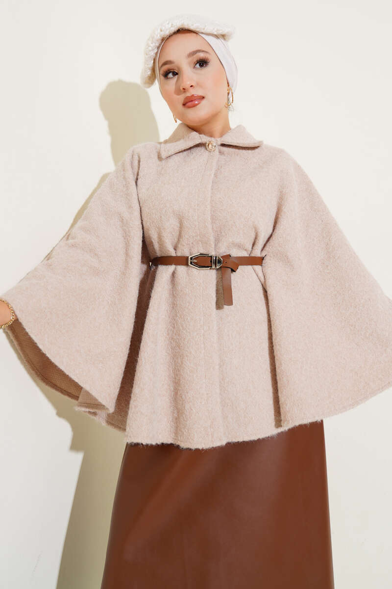 Belted Shirt-Collar Poncho - Beige