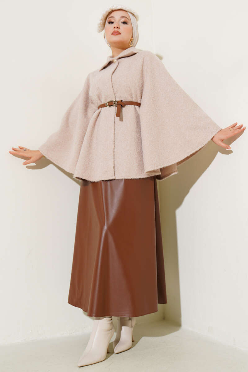 Belted Shirt-Collar Poncho - Beige