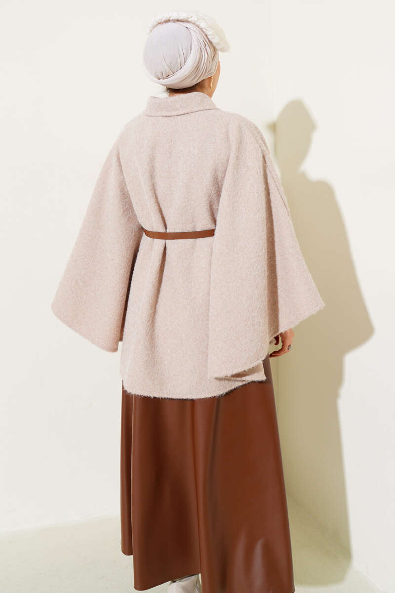 Belted Shirt-Collar Poncho - Beige
