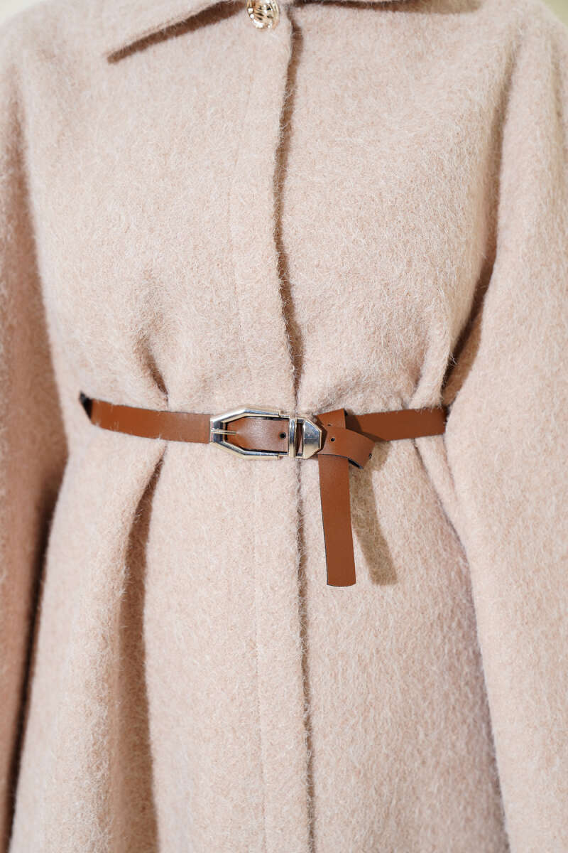 Belted Shirt-Collar Poncho - Beige