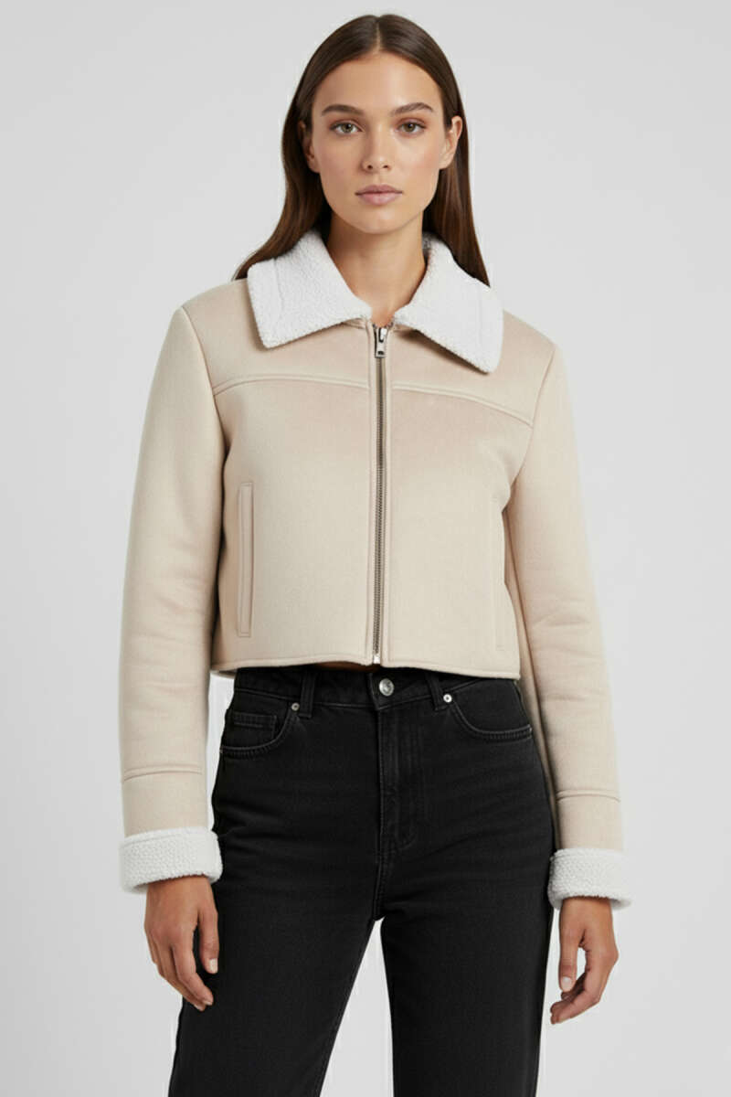 Short Shirt-Collar Suede Jacket - Beige