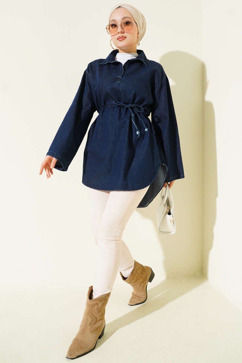 Shirt-Collar Denim Tunic - Navy