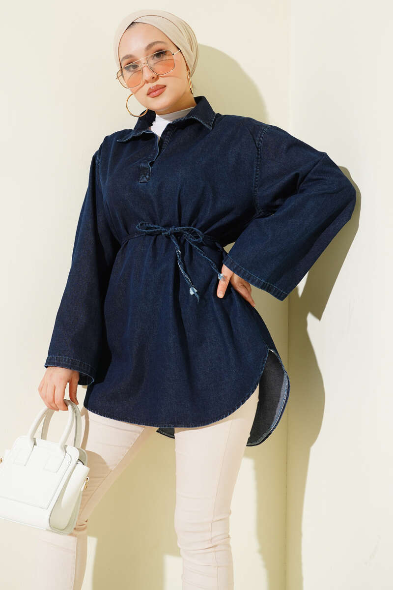 Shirt-Collar Denim Tunic - Navy