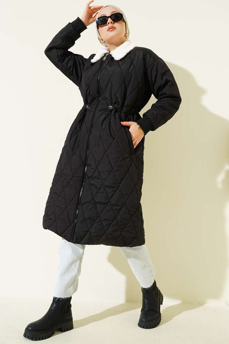 Shirt-Collar Quilted Coat with Faux Fur - Black