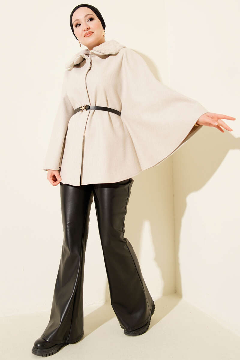 Shirt-Collar Felt Poncho with Faux Fur - Beige