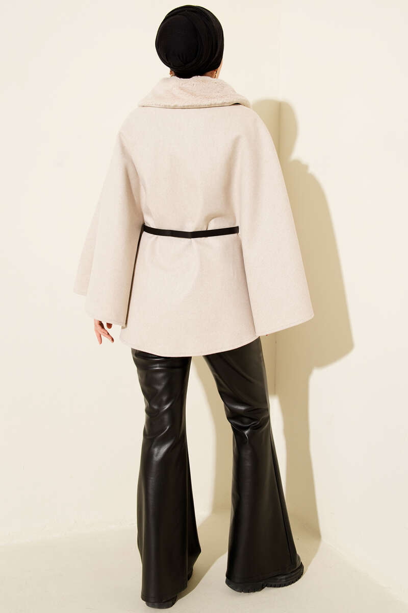 Shirt-Collar Felt Poncho with Faux Fur - Beige