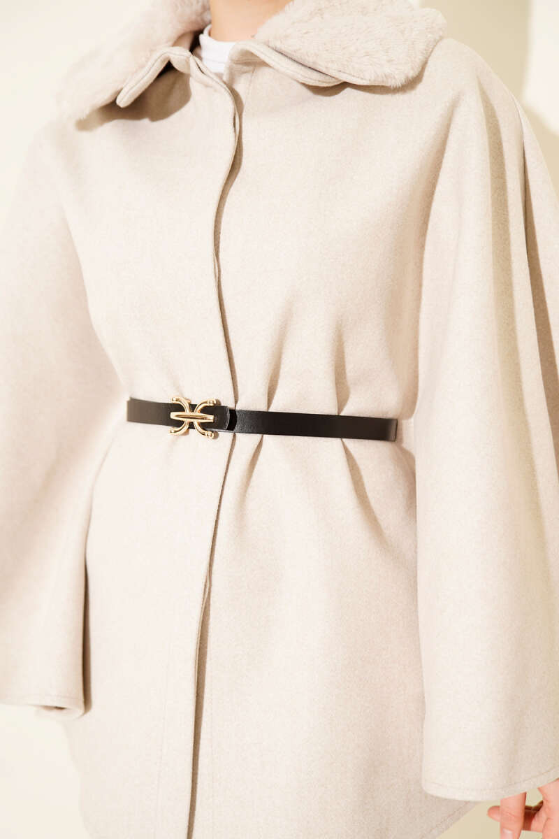 Shirt-Collar Felt Poncho with Faux Fur - Beige