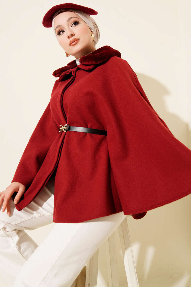 Shirt-Collar Felt Poncho with Faux Fur - Burgundy