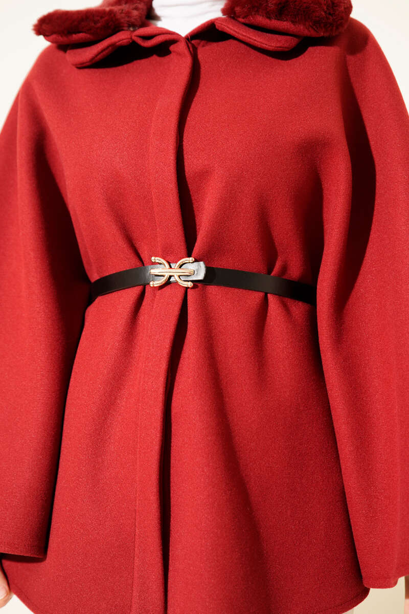 Shirt-Collar Felt Poncho with Faux Fur - Burgundy