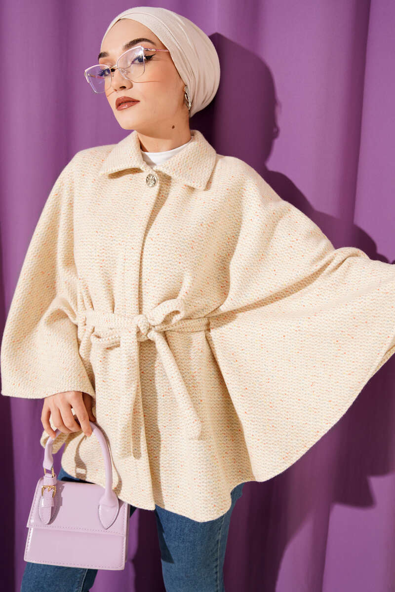 Belted Shirt-Collar Felt Poncho - Beige