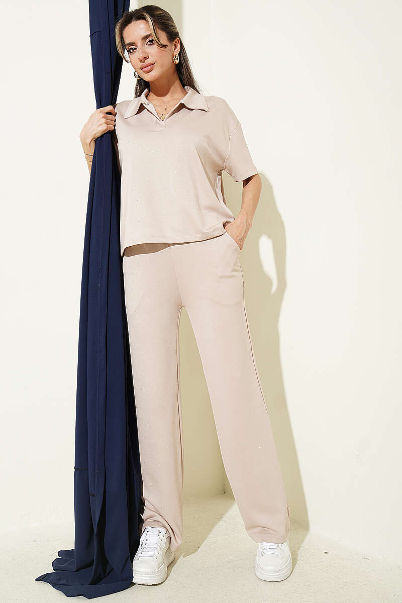 Loycha T-Shirt Set with Stones and Shirt Collar - Beige