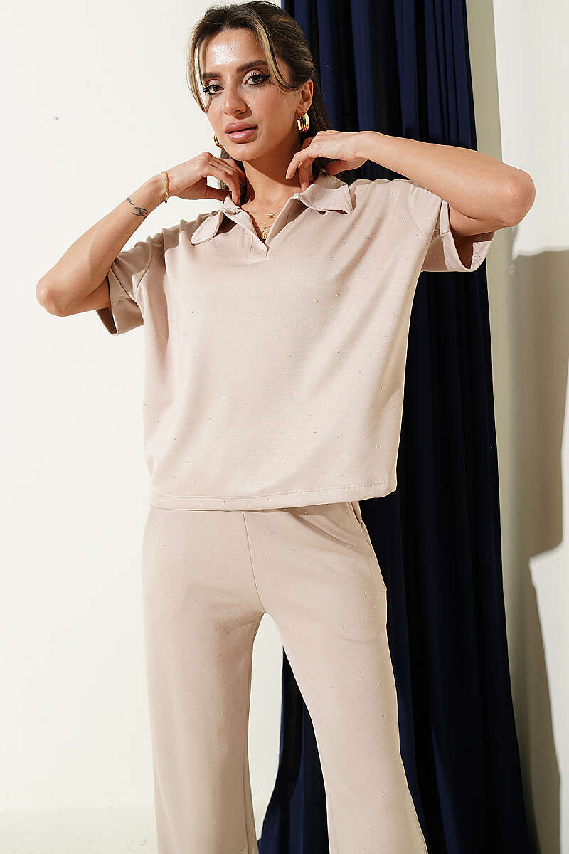 Loycha T-Shirt Set with Stones and Shirt Collar - Beige