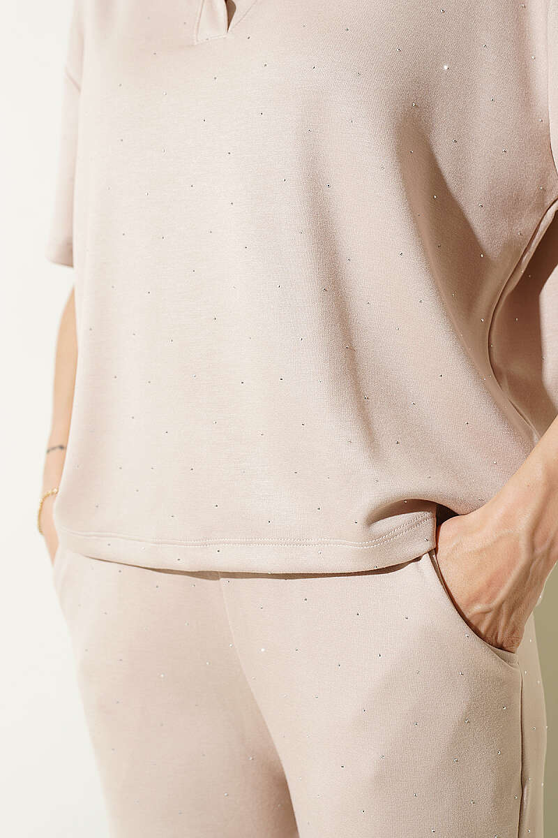 Loycha T-Shirt Set with Stones and Shirt Collar - Beige