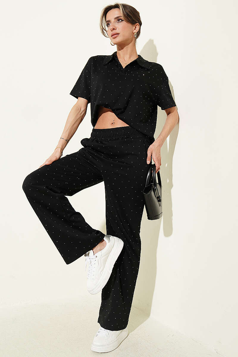 Loycha T-Shirt Set with Stones and Shirt Collar - Black