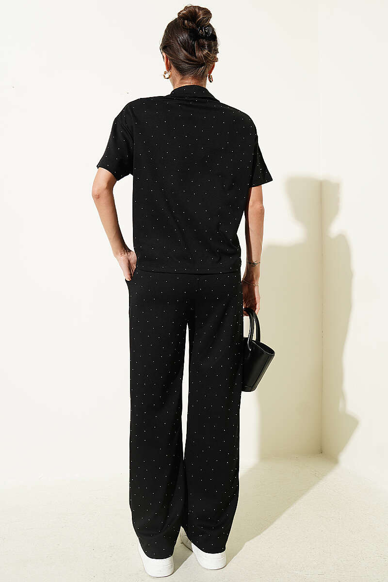 Loycha T-Shirt Set with Stones and Shirt Collar - Black
