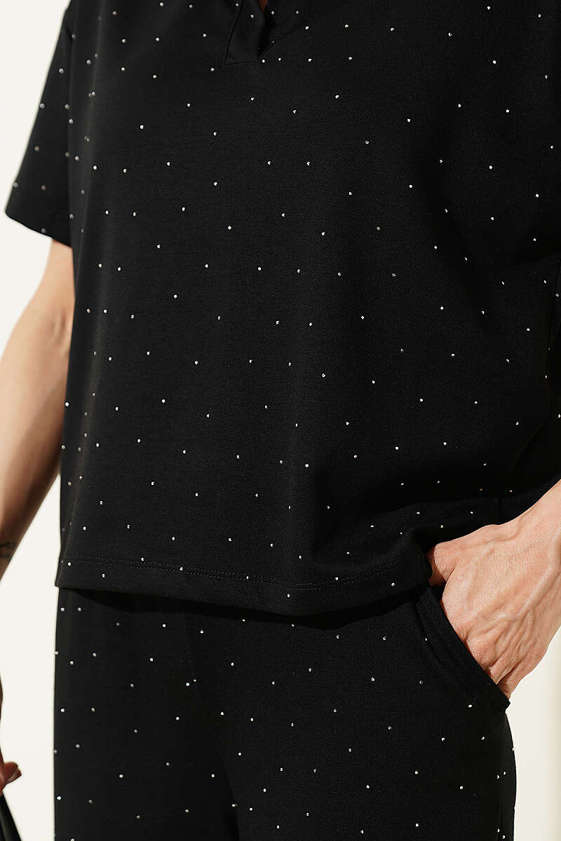 Loycha T-Shirt Set with Stones and Shirt Collar - Black