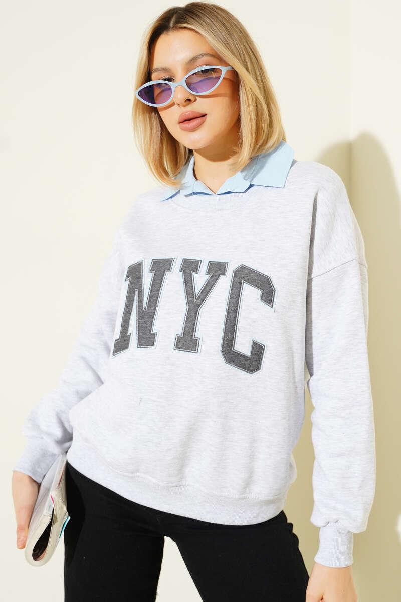 Brushed Shirt-Collar NYC Print Sweatshirt - Grey