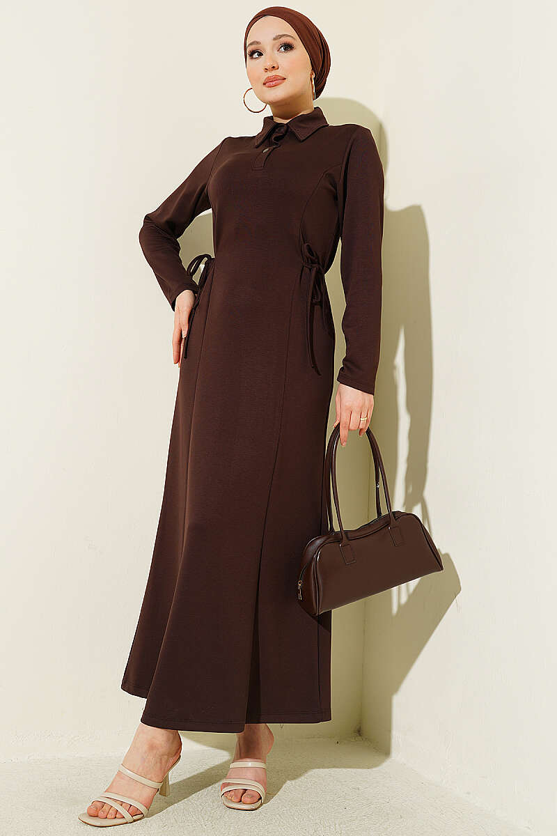 Shirt-Collar Placket Dress - Brown