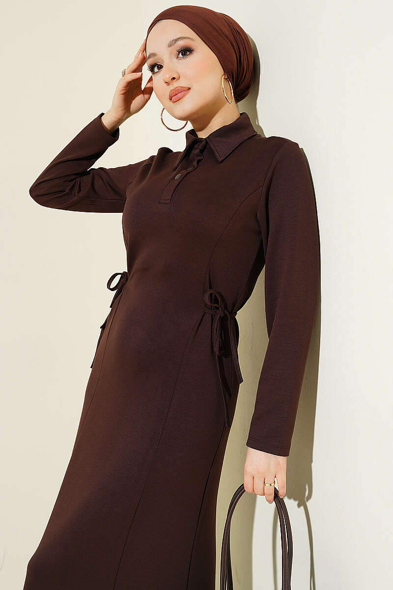 Shirt-Collar Placket Dress - Brown
