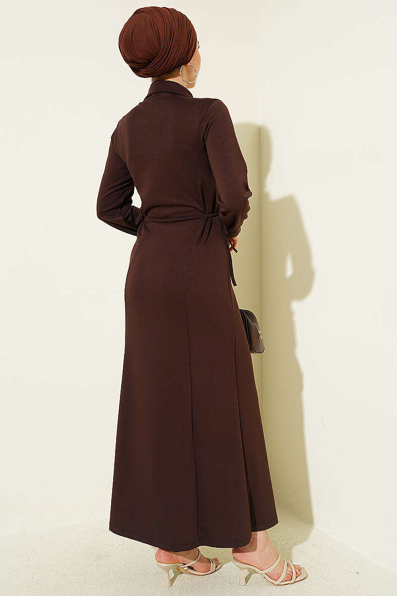 Shirt-Collar Placket Dress - Brown