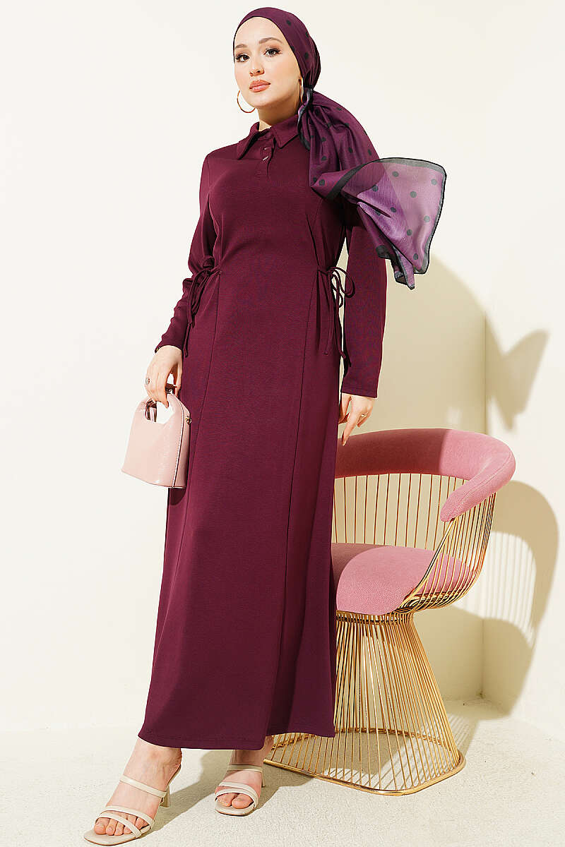 Shirt-Collar Placket Dress - Plum
