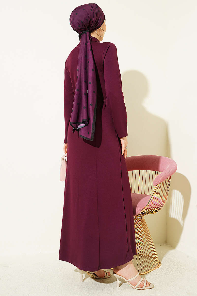 Shirt-Collar Placket Dress - Plum