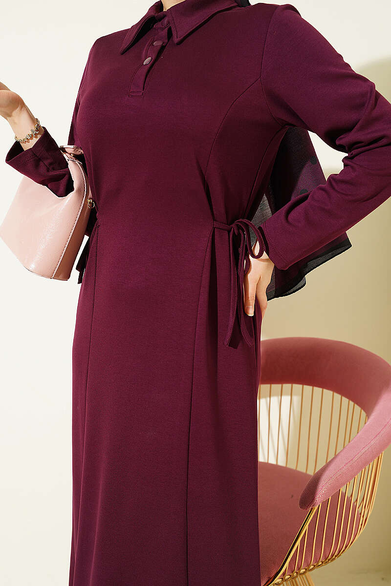 Shirt-Collar Placket Dress - Plum