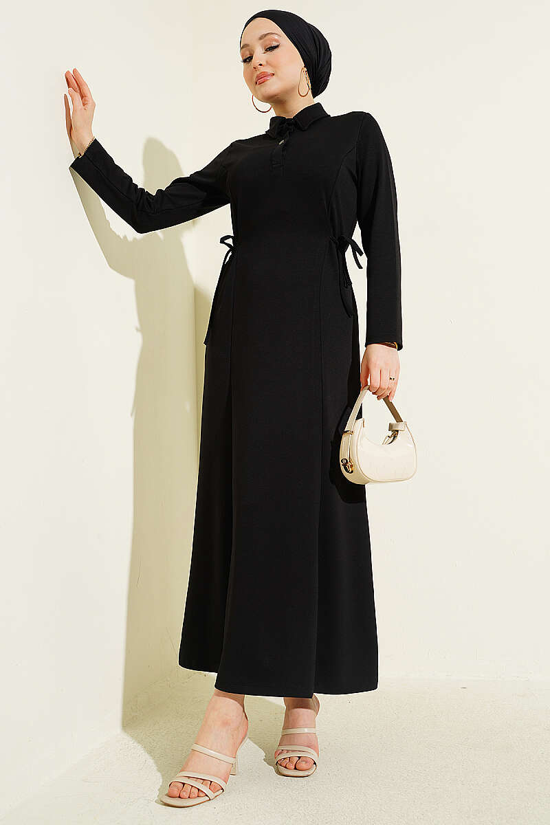 Shirt-Collar Placket Dress - Black