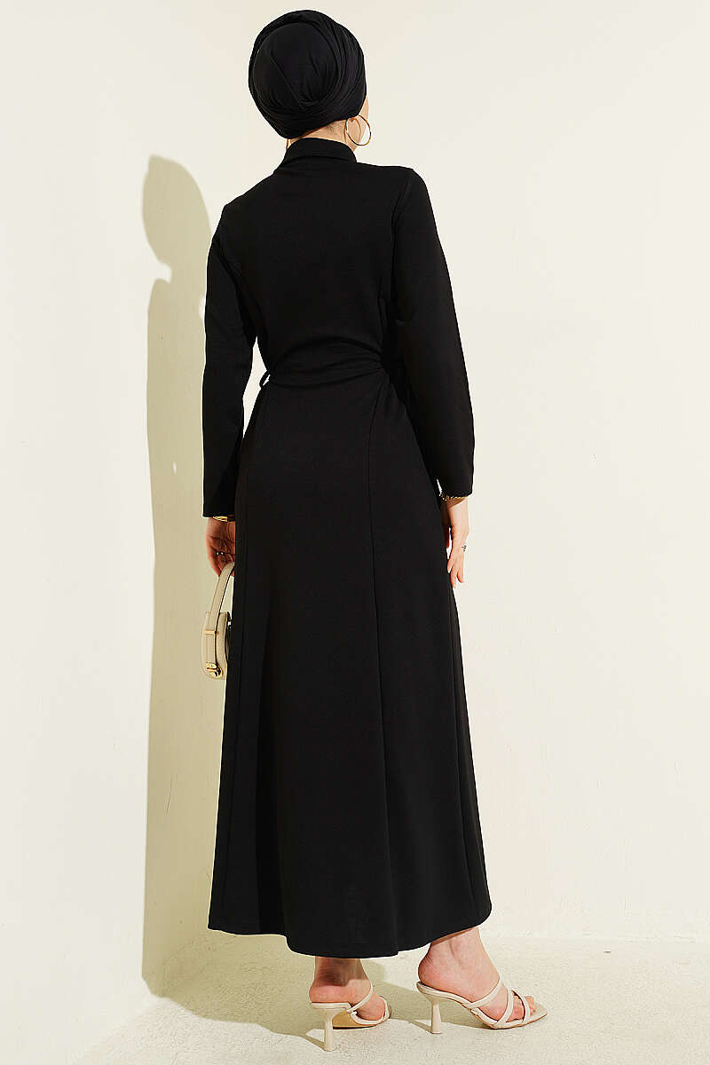 Shirt-Collar Placket Dress - Black