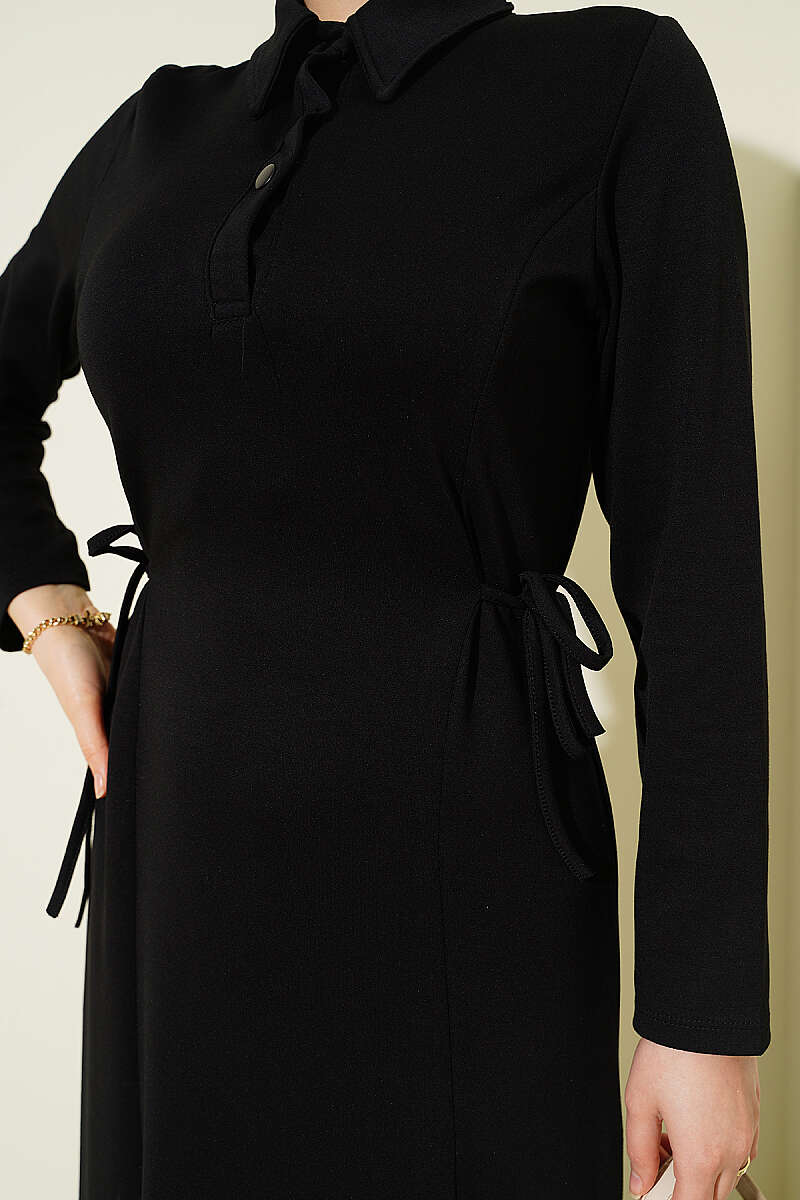 Shirt-Collar Placket Dress - Black