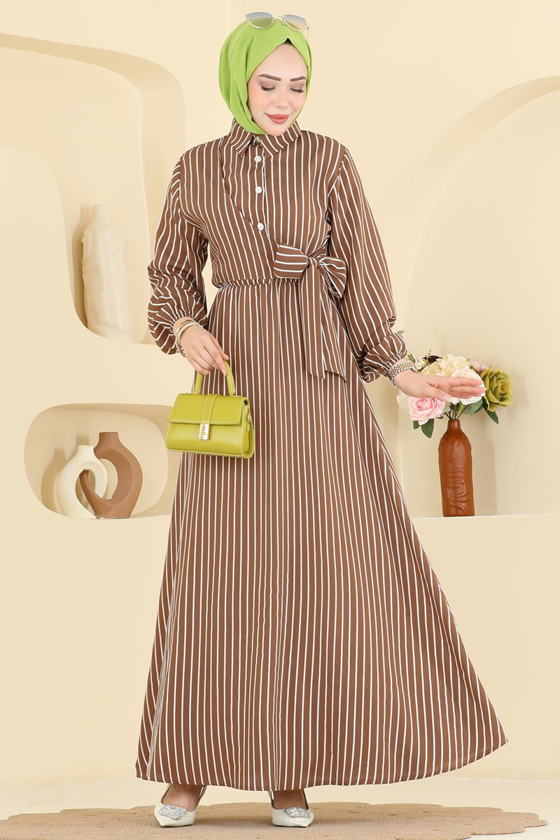 Elegant Shirt-Collar Viscose Dress - Brown