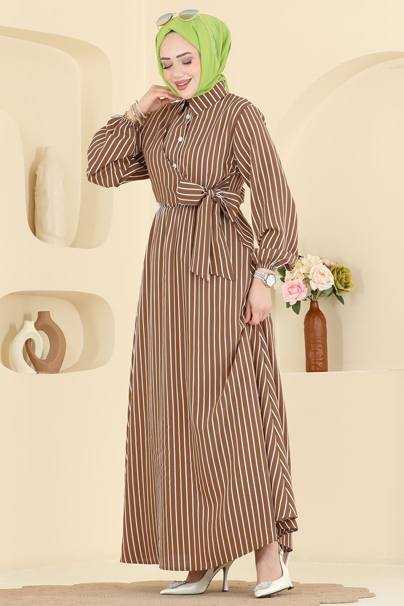 Elegant Shirt-Collar Viscose Dress - Brown