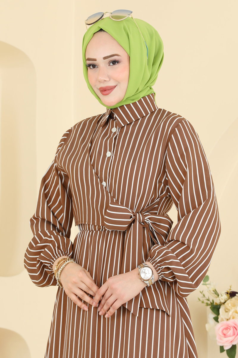 Elegant Shirt-Collar Viscose Dress - Brown