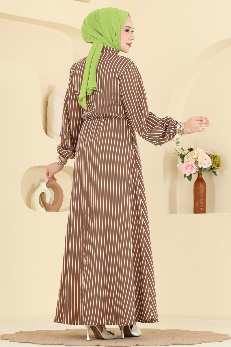 Elegant Shirt-Collar Viscose Dress - Brown