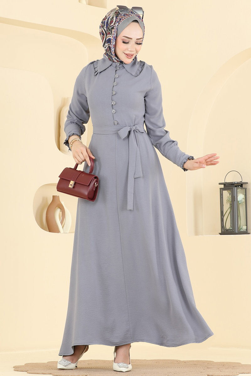 Elegant Shirt-Collar Aerobin Dress - Grey