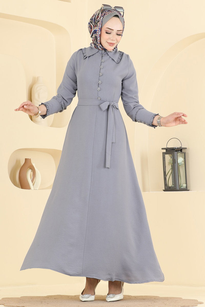 Elegant Shirt-Collar Aerobin Dress - Grey