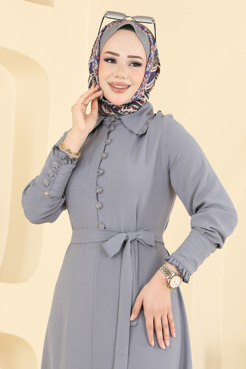 Elegant Shirt-Collar Aerobin Dress - Grey
