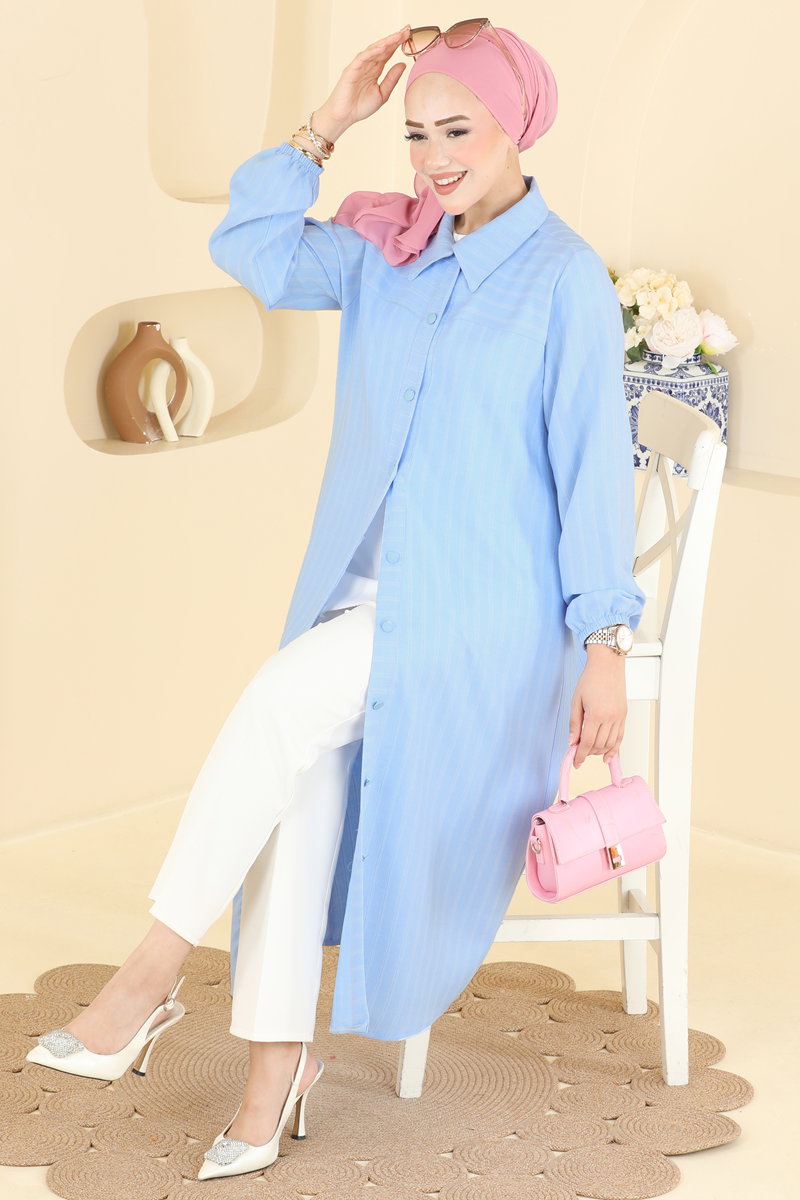 Elegant Shirt-Collar Woven Tunic - Light Blue