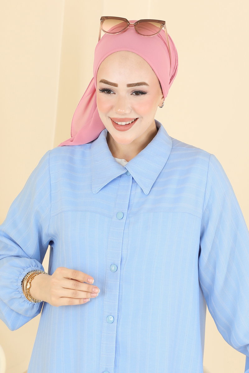 Elegant Shirt-Collar Woven Tunic - Light Blue