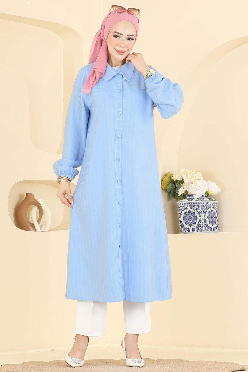 Elegant Shirt-Collar Woven Tunic - Light Blue