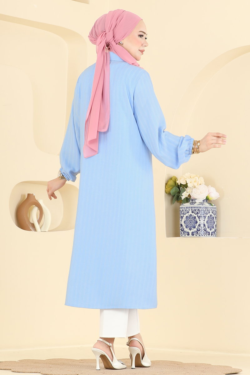 Elegant Shirt-Collar Woven Tunic - Light Blue