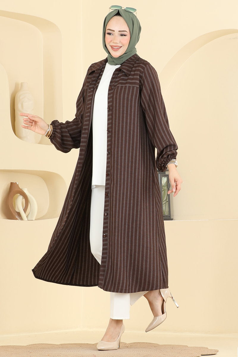 Elegant Shirt-Collar Woven Tunic - Brown