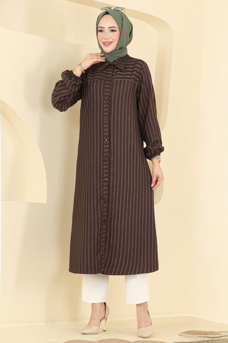 Elegant Shirt-Collar Woven Tunic - Brown