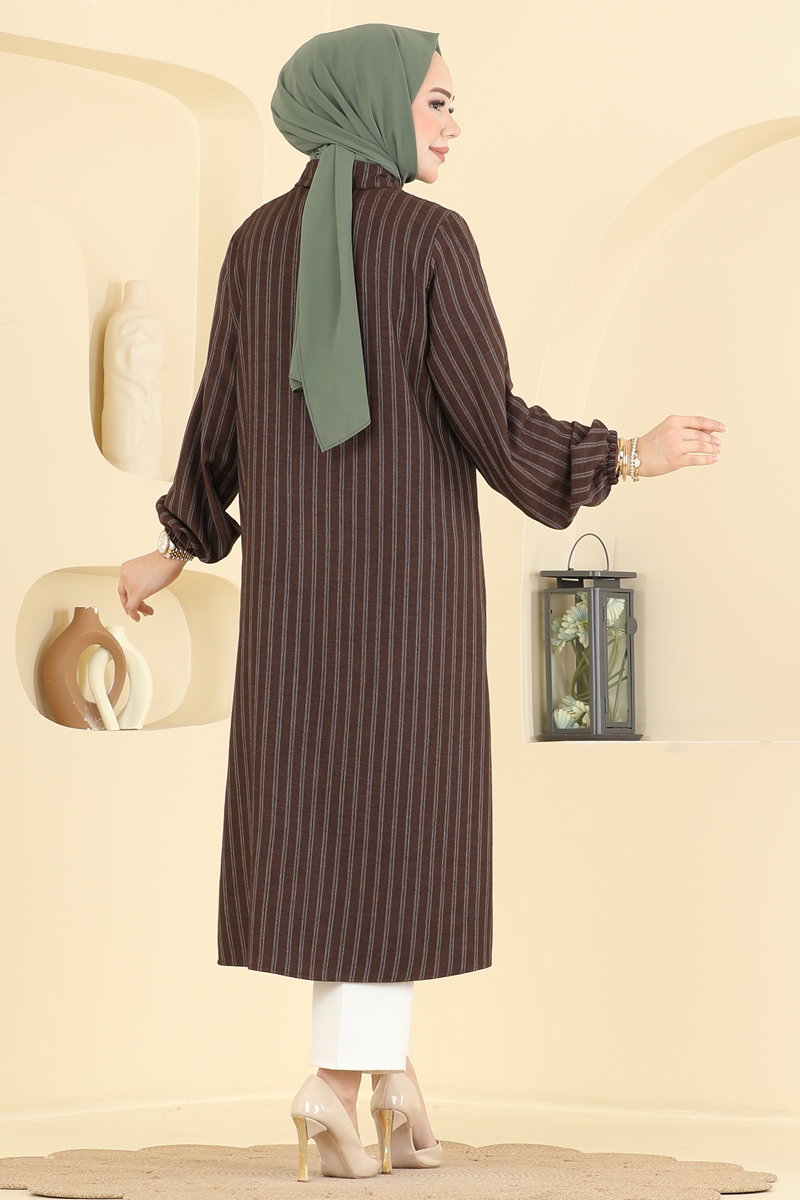 Elegant Shirt-Collar Woven Tunic - Brown