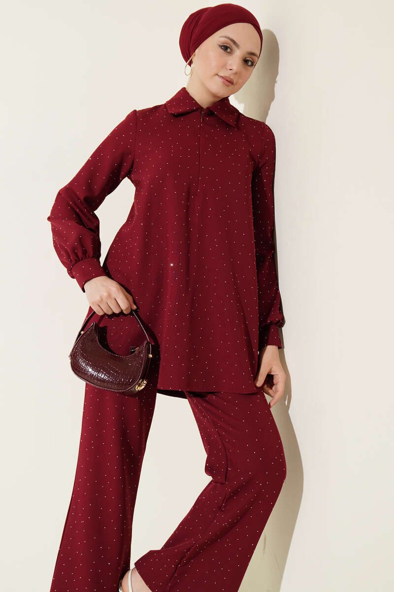Shirt-Collar Stone-Embellished Two-Piece Set - Burgundy