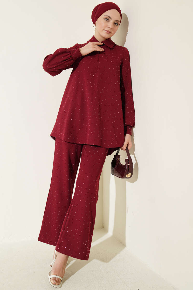 Shirt-Collar Stone-Embellished Two-Piece Set - Burgundy