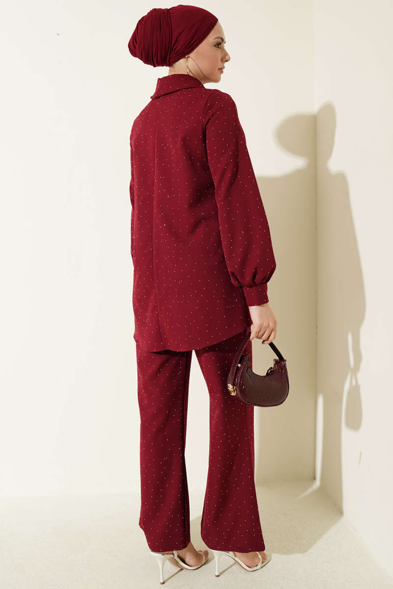 Shirt-Collar Stone-Embellished Two-Piece Set - Burgundy