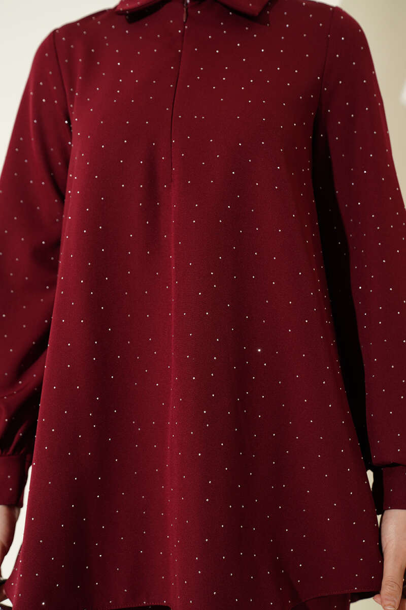 Shirt-Collar Stone-Embellished Two-Piece Set - Burgundy