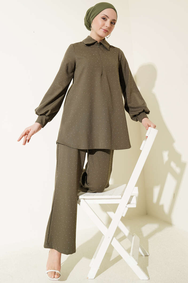 Shirt-Collar Stone-Embellished Two-Piece Set - Khaki